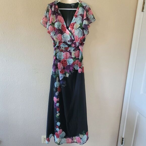 Ulla Popken Maxi Dress Plus Size 18 Floral Flowy V Neck Lined Tie Back Nwt - Picture 1 of 9
